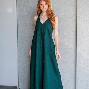 Emerald Green Linen Dress for Women, Summer Maxi Dress with Pockets, Minimalist Maxi Dress, Summer Dress, Linen Clothing, Long Linen Dress