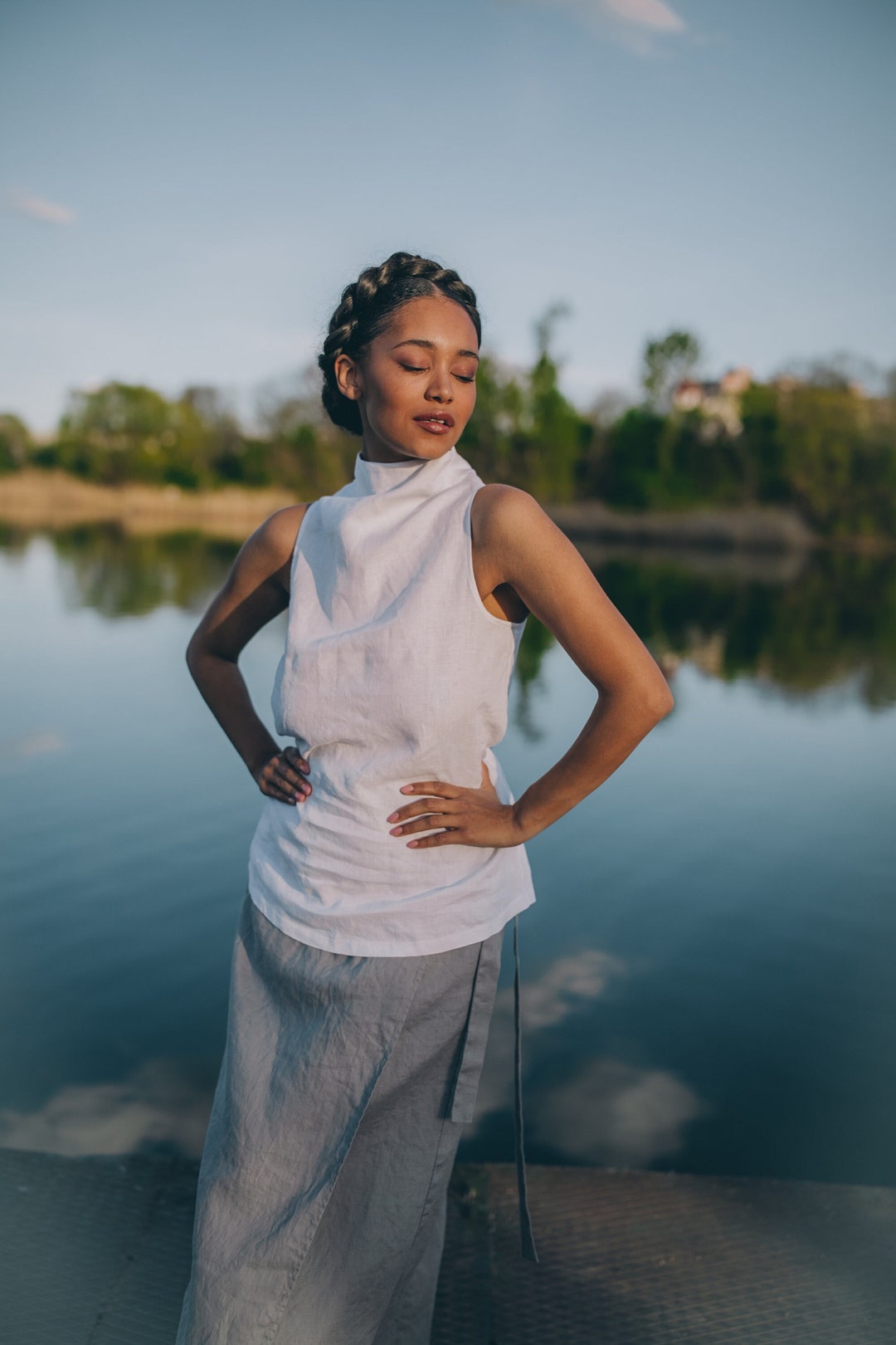 Corina White Linen V Neck Top