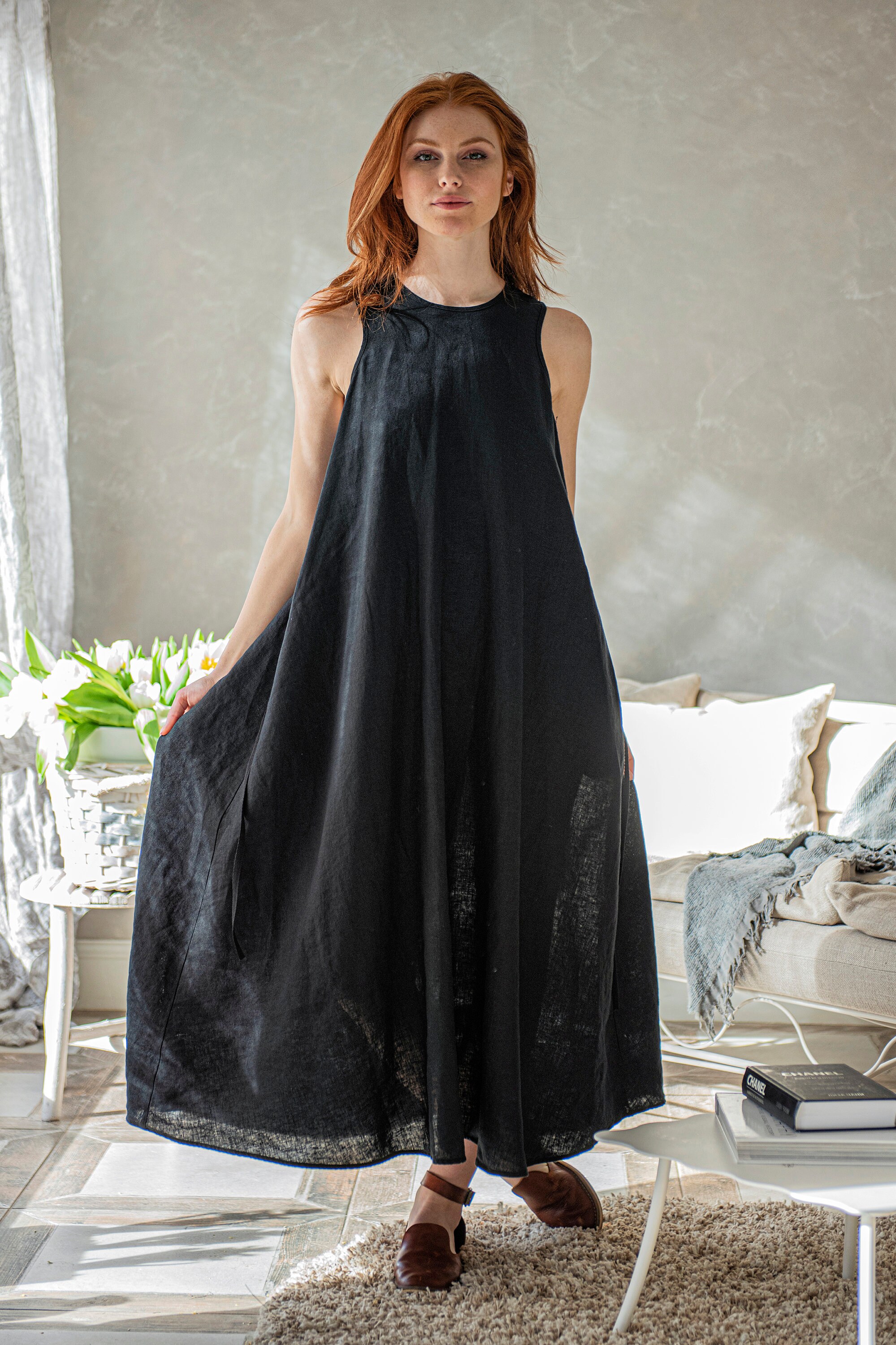 chinese dress ladies Moorea Black Linen Maxi Dress main image 0