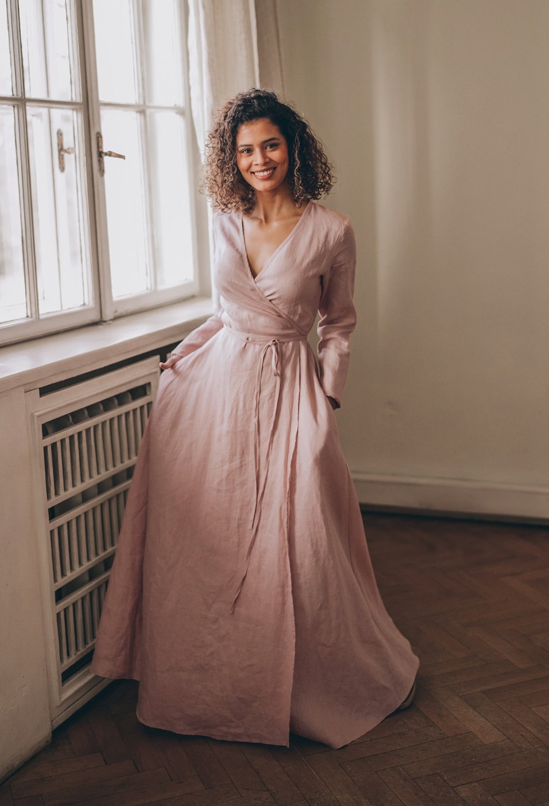 Blush Linen Wrap Maxi Dress, Long Sleeve Wedding Guest Dress - Etsy Israel