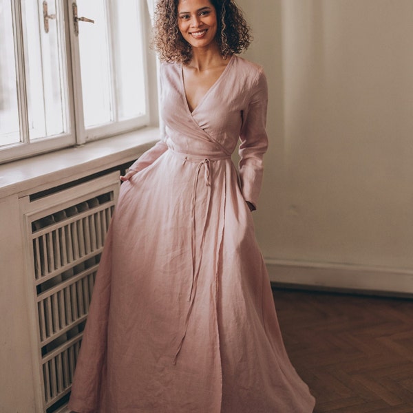 Blush Linen Wrap Maxi Dress, Long Sleeve Wedding Guest Dress