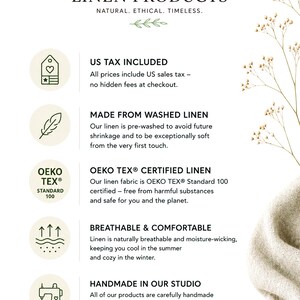 May include: Image features text: "VISIBLE ART LINEN PRODUCTS" and "NATURAL. ETHICAL. TIMELESS." The image highlights the benefits of linen products, including being breathable, comfortable, and handmade. The text also mentions OEKO-TEX certification.