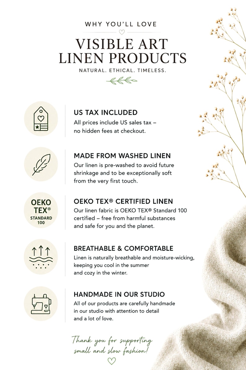 May include: Image features text: "VISIBLE ART LINEN PRODUCTS" and "NATURAL. ETHICAL. TIMELESS." The image highlights the benefits of linen products, including being breathable, comfortable, and handmade. The text also mentions OEKO-TEX certification.