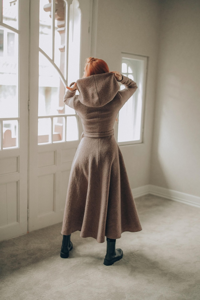 Wool Maxi Cardigan Coat: Hooded, Belted, with Pockets, Fall Winter Clothing image 9
