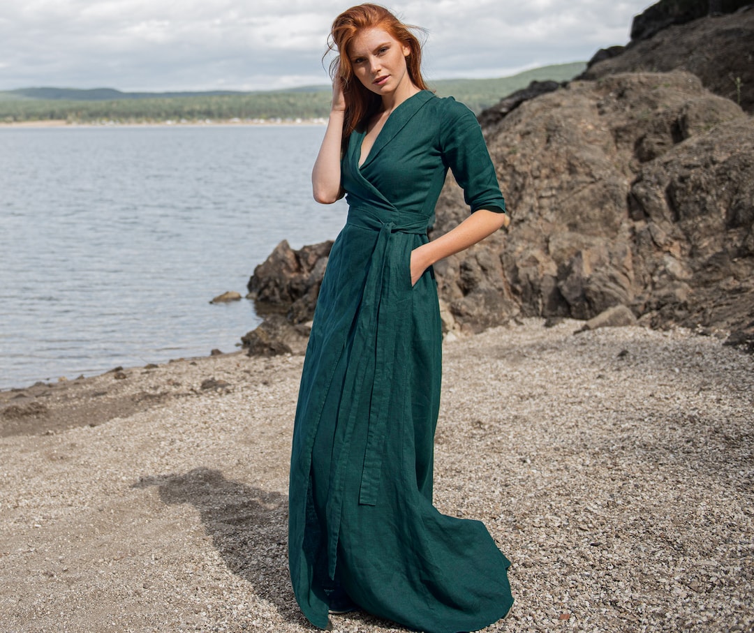 Emerald Green Linen Maxi Dress, Boho Kimono Wrap Dress, Linen Clothing Women