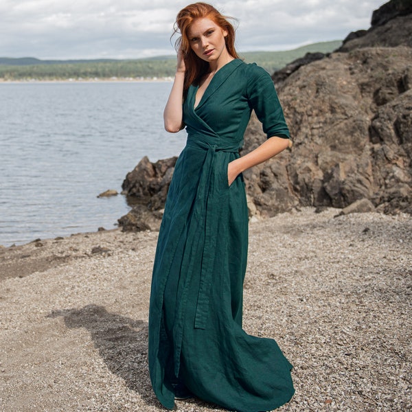 Robe portefeuille en lin, robe longue en lin, longue robe portefeuille en lin, robe bohème vert émeraude, robe kimono, robe grande taille, vêtements bohème en lin