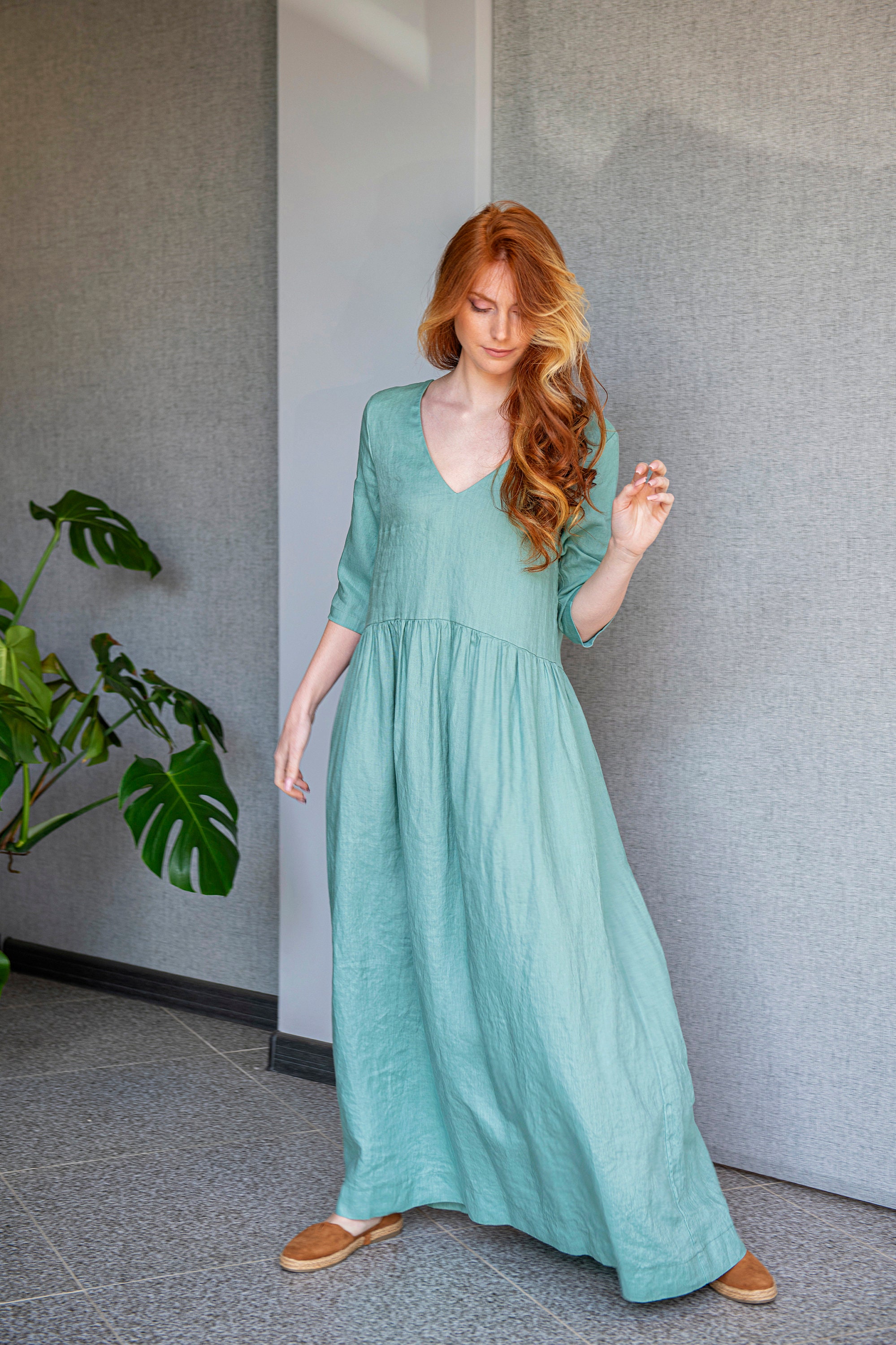 Linen Summer Dress in Dusty Turquoise Linen Maxi Dress Women - Etsy