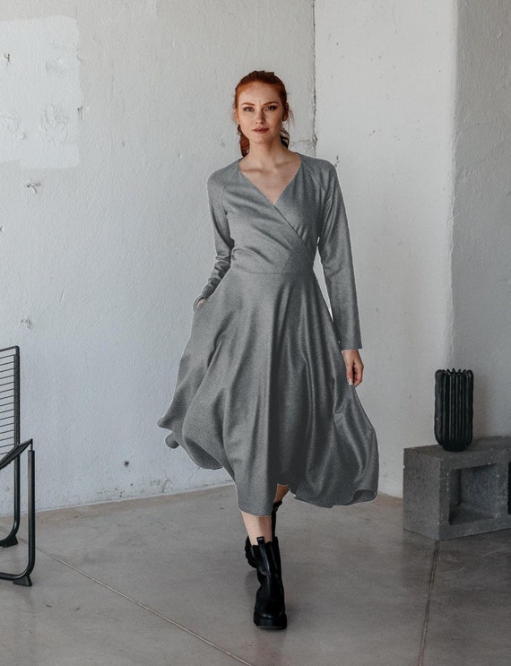 navy blue dress for baby girl Gray Winter Wool Dress, Wool Midi Dress, Swing Wool Dress, Long Sleeves  Wool Dress, Fit and Flare Dress, Womens Retro Wool Dress L0531 main image 0