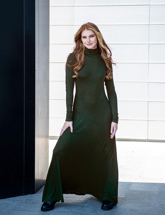 Military Green Cotton Maxi Dress: Fine Knit Turtleneck Bodycon Military Green Cotton Maxi Dress: Fine Knit Turtleneck Bodycon