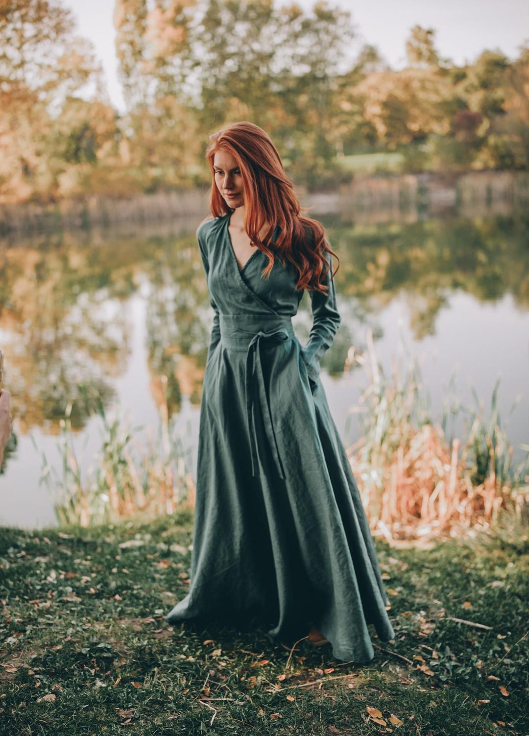 long dress with belt Heavy Linen Wrap Dress with Waist Belt, Long Wrap Linen Dress, Long Sleeve Linen Dress, Plus Size Linen Dress, Women Linen Dress, 2XL / Night Blue