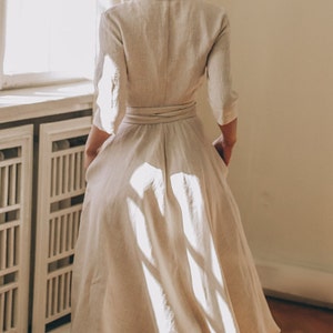 Linen Wrap Dress with Shawl Collar and Pockets, Natural Linen Dress for Women, Spring Linen Midi Dress, Tie Waist Dress, Plus Size Dress image 7