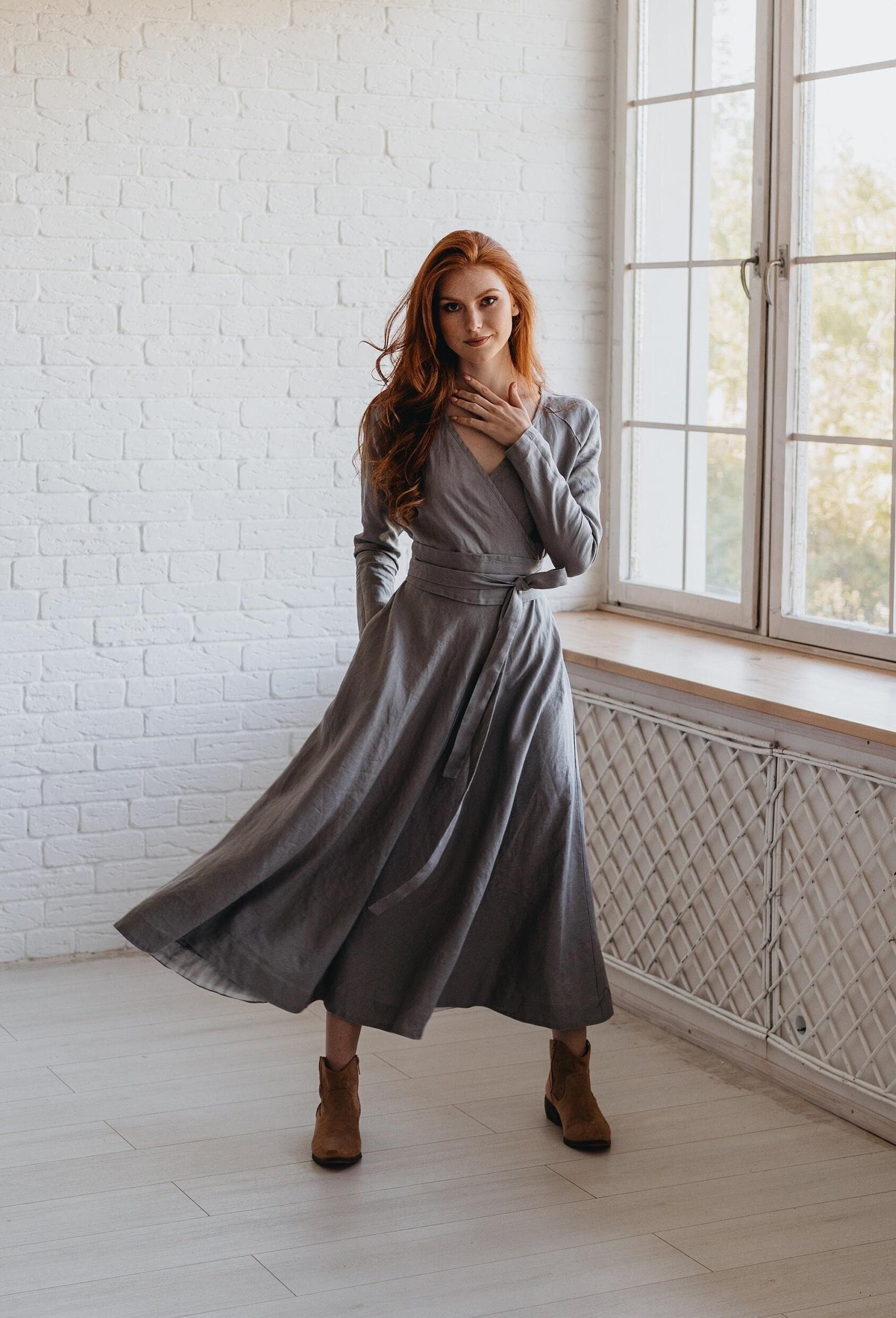 grey linen dress Gray Heavyweight For Women, Midi Length, Pockets, Faux Wrap Style, Fall Clothing The length of the dress measured from the back Eileen Fisher - Women's Organic