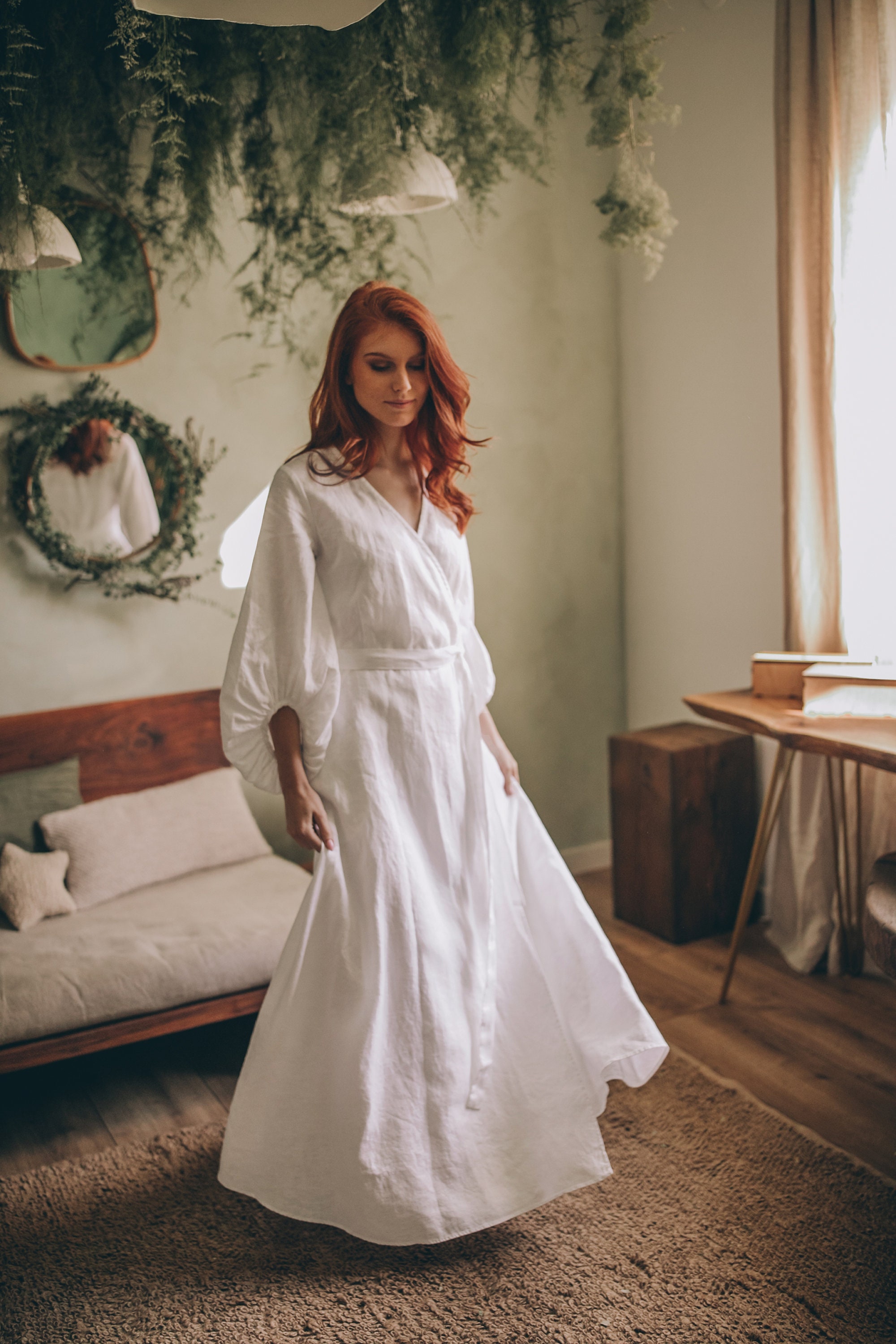 White Linen Maxi Dress, Boho Bell Sleeve Wrap Dress