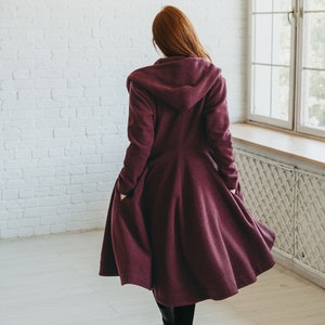 Warm Asymmetric Coat in Burgundy Melange, Wool Coat for Women, Knee Length Coat, Winter Coat with Hood and Belt, Plus Size Coat, Swing Coat