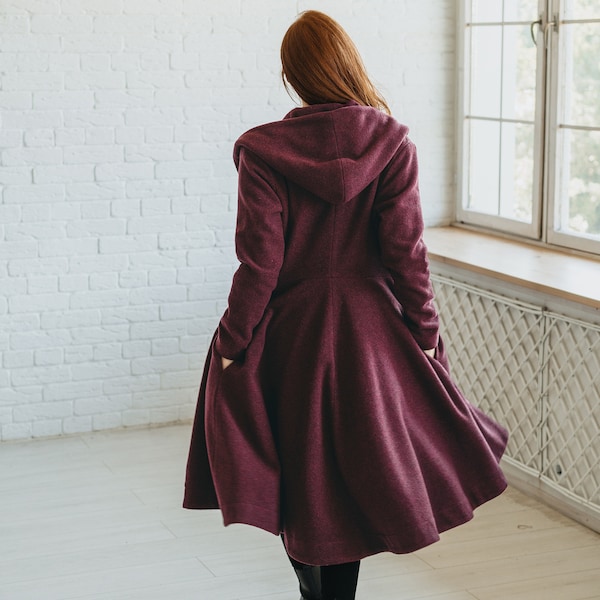 Manteau asymétrique chaud en mélange bordeaux, manteau en laine pour femmes, manteau longueur genou, manteau d’hiver avec capuche et ceinture, manteau taille plus, manteau swing