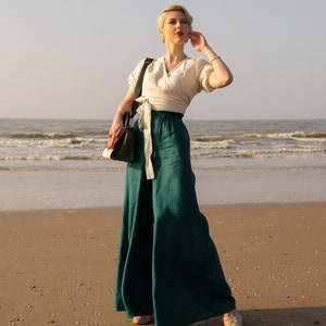 Calças de linho verde-esmeralda, calças palazzo, calças largas, calças boho femininas, calças de linho vintage, calças de linho plus size, roupas de linho