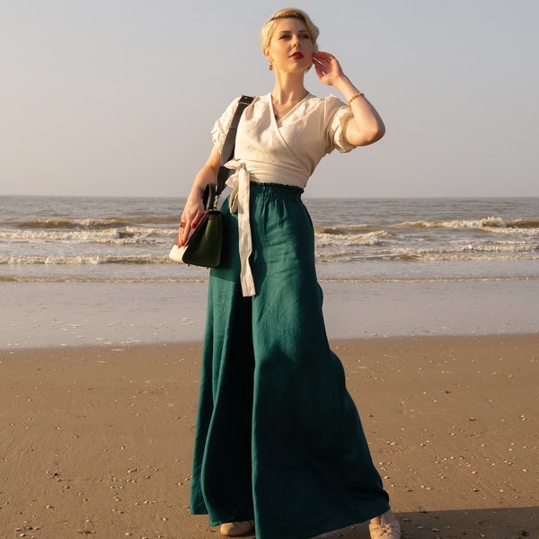 Emerald Green Linen Pants, Palazzo Trouser, Wide Leg, Elastic Waist, Pockets