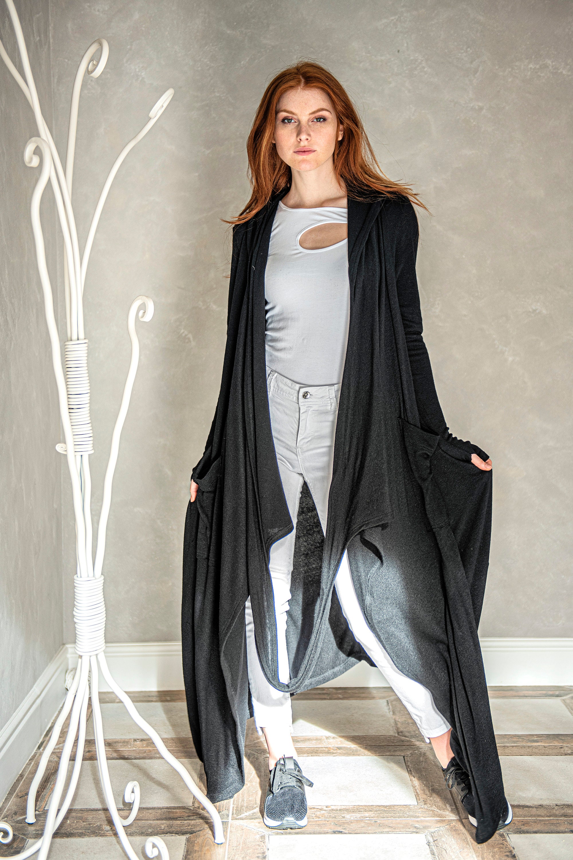 long hooded cardigan outfit