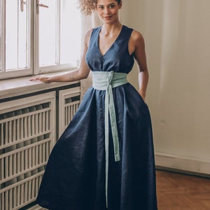 Maxi robe combinaison en lin, combinaison d'été en lin pour femme, combinaison ample en lin, combinaison bohème surdimensionnée, salopette en lin grande taille femme image 6