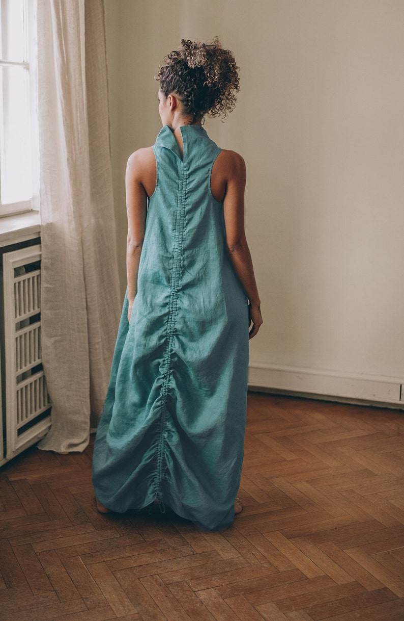 Blue Green Linen Dress, Linen Maxi Dress, Summer Maxi Dress, Bubble Linen Dress, Sleeveless Linen Dress Turtleneck, Plus Size Linen Clothing image 4