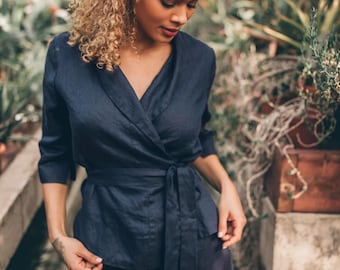 Linen Wrap Top: Navy Blue Summer Blouse, Shawl Collar