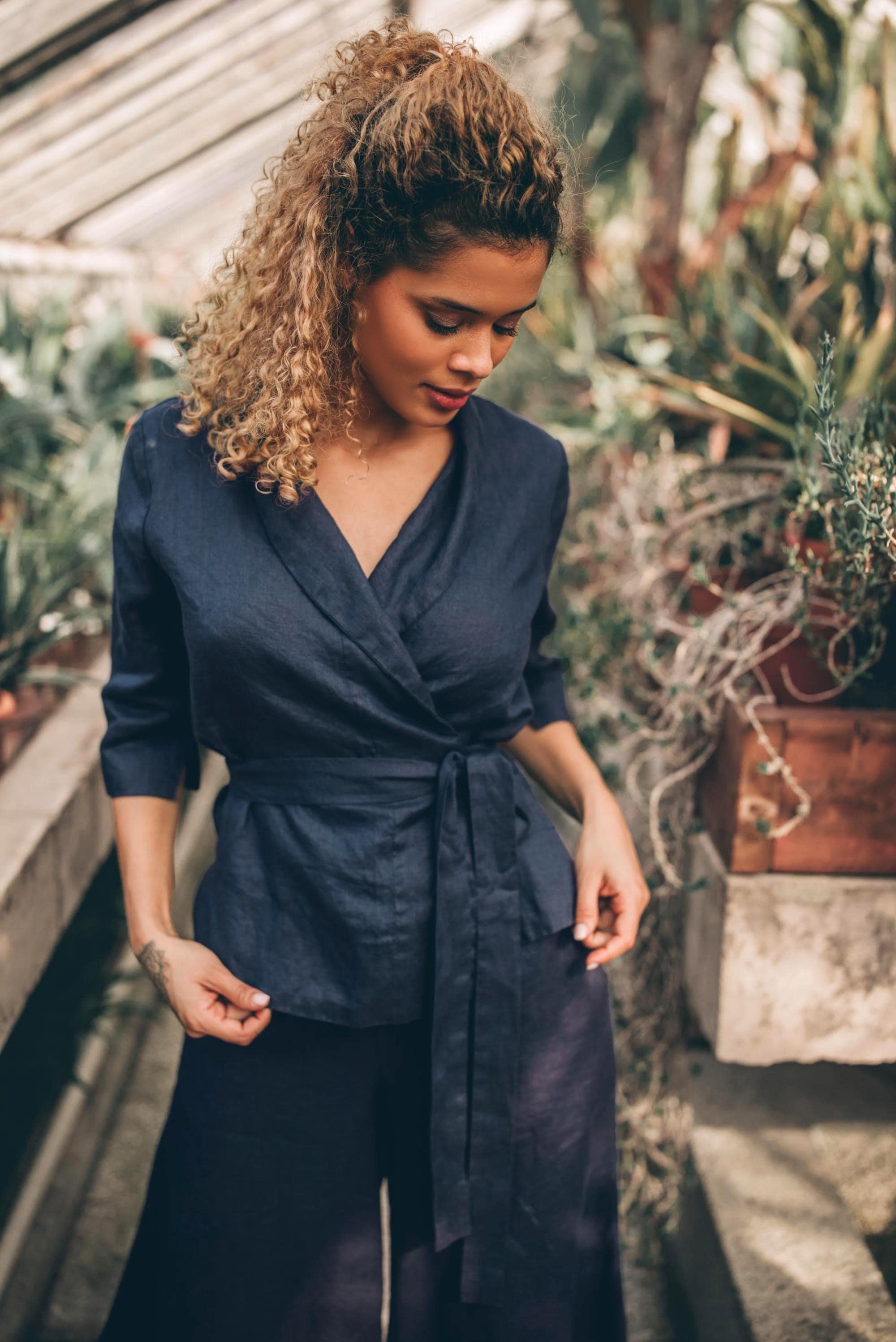 Linen Wrap Top: Navy Blue Summer Blouse, Shawl Collar - Etsy