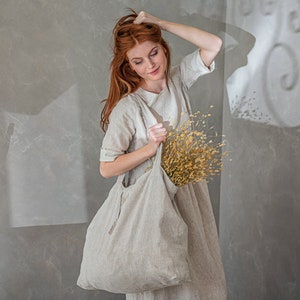 Natural Linen Tote Bag, Handmade Linen Tote, Linen Shoulder Bag, Linen Beach Bag, Minimalist Linen Eco Bag, Reusable Linen Grocery Bag