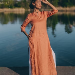 Langes Leinen-Tunika-Top, Boho-Tunika-Kleid, Oranges Sommer-Top, Leinen-Top für Frauen, Leinen-Shirt-Kleid, Plus Size Kleidung, Leinen-Abdeckung, Bild 2