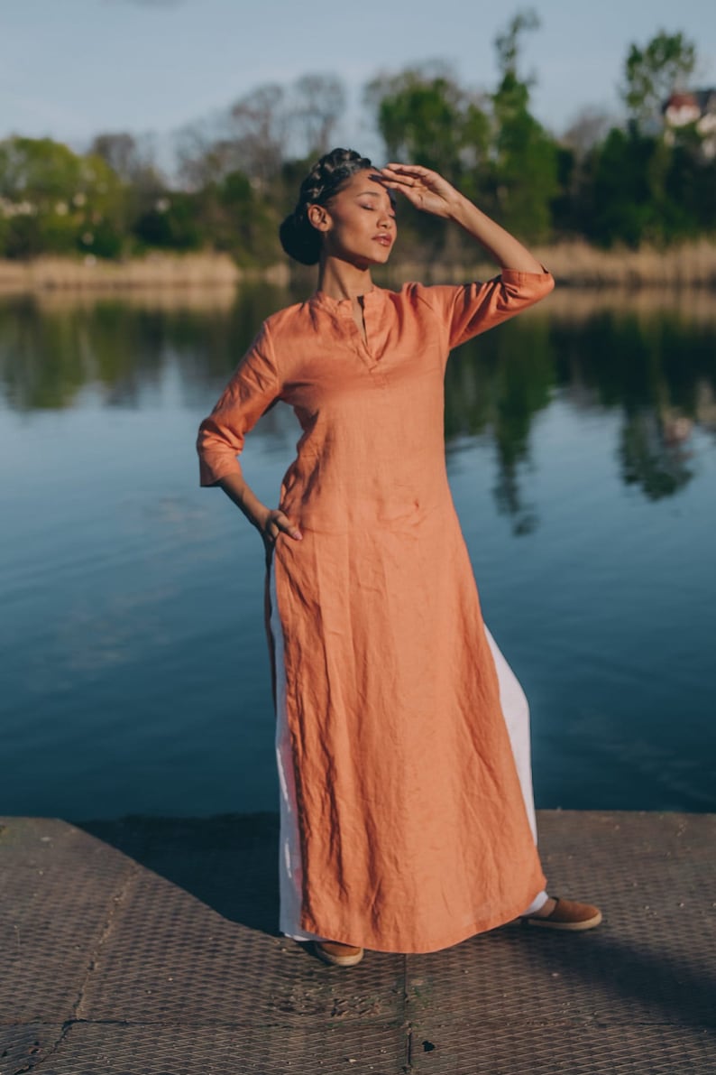 Langes Leinen-Tunika-Top, Boho-Tunika-Kleid, Oranges Sommer-Top, Leinen-Top für Frauen, Leinen-Shirt-Kleid, Plus Size Kleidung, Leinen-Abdeckung, Bild 2