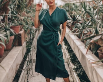 Linen Wrap Dress with Cap Sleeves: Dark Green Midi Summer Dress