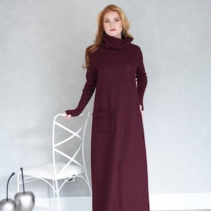 Burgundy Knit Maxi Dress, Turtleneck Sweater Dress with Pockets