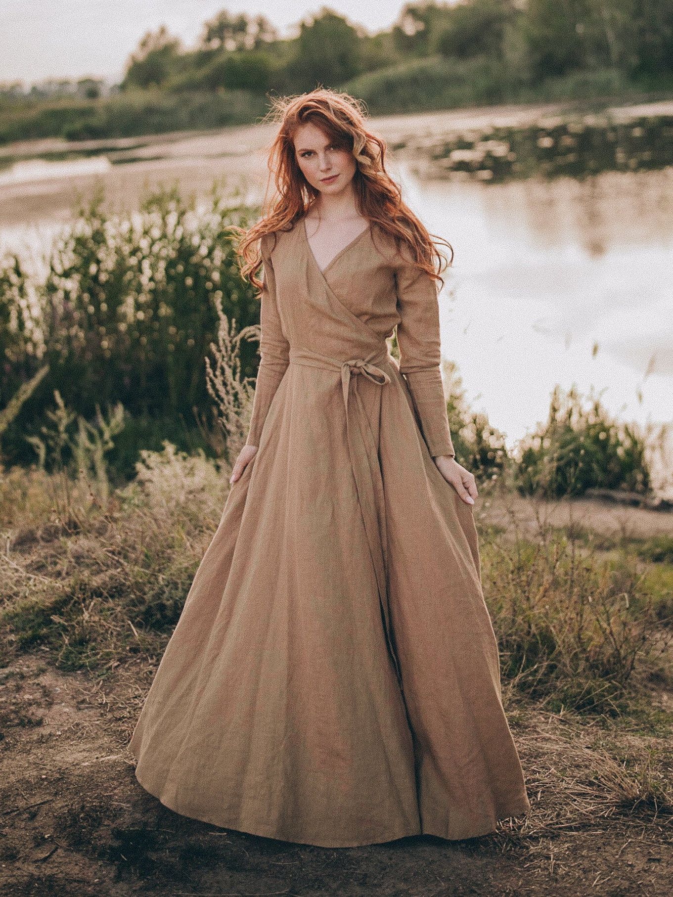 linen wrap dress long sleeve Romantic Linen Dress for Women, Long Sleeve Linen Dress, Wrap Linen Dress, Linen Midi Dress, Beautiful Maxi Dress, Bohemian Dress, XS / Gray