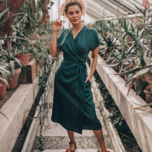 Linen Wrap Dress with Cap Sleeves, Dark Green Linen Dress, Summer Linen Dress for Women, Linen Wrap Dress Midi, Summer Wrap Dress Plus Size
