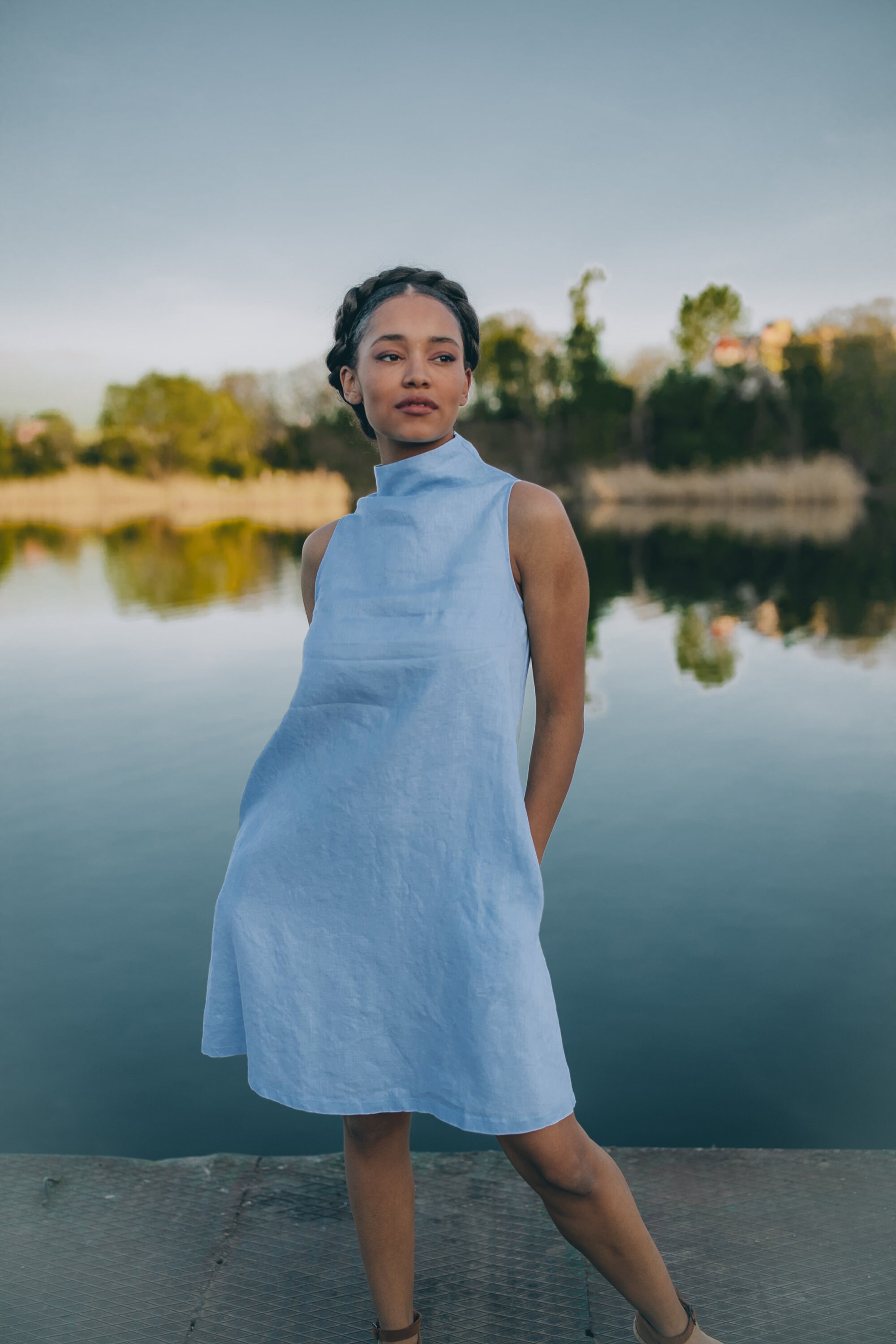 High neck linen dress deals