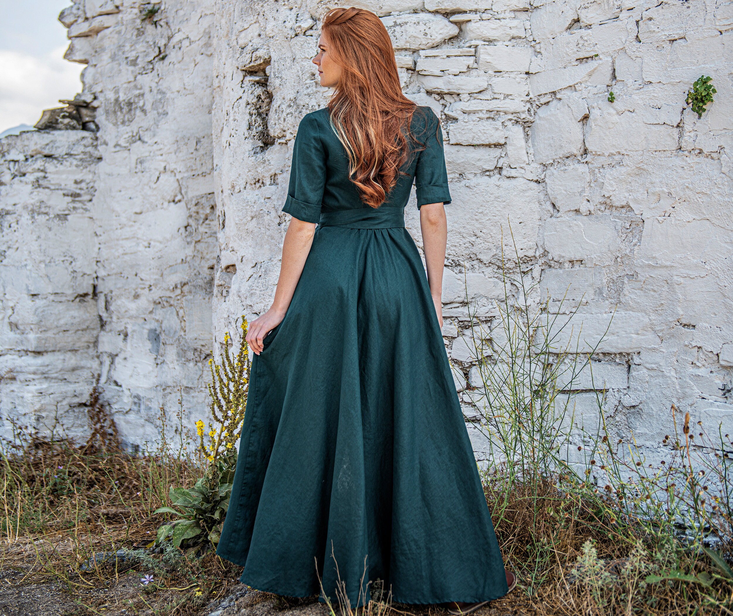 Emerald Green Linen Maxi Dress, Wrap Tie Waist, Handmade Linen Clothing