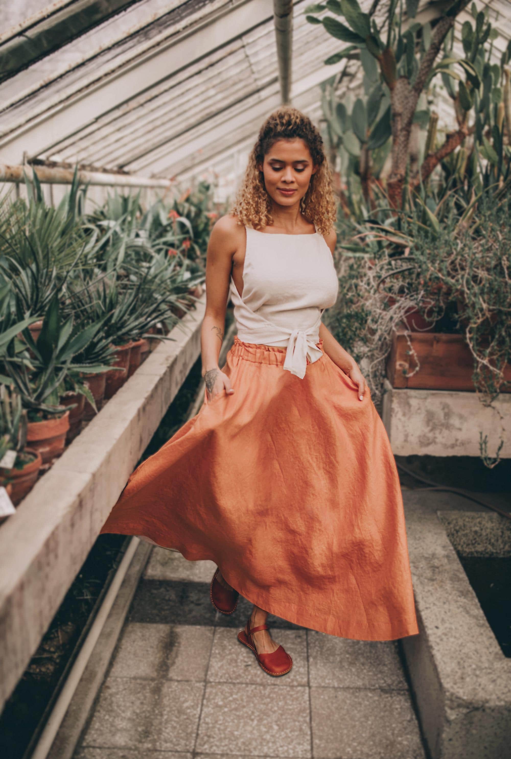 Rusty Orange Linen Midi Skirt: Elastic Waist, Full Circle, Summer