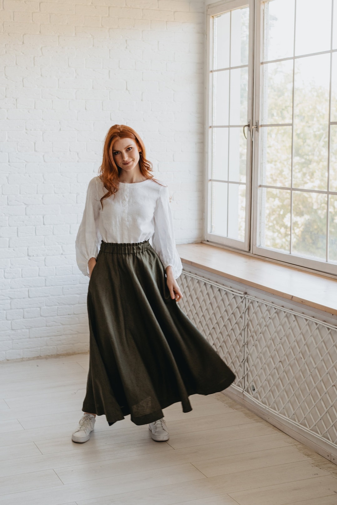 Heavyweight Linen Maxi Skirt, High Waist, Pockets, Fall Clothing
