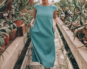 Blue Green Linen Midi Dress: Summer A-Line with Pockets