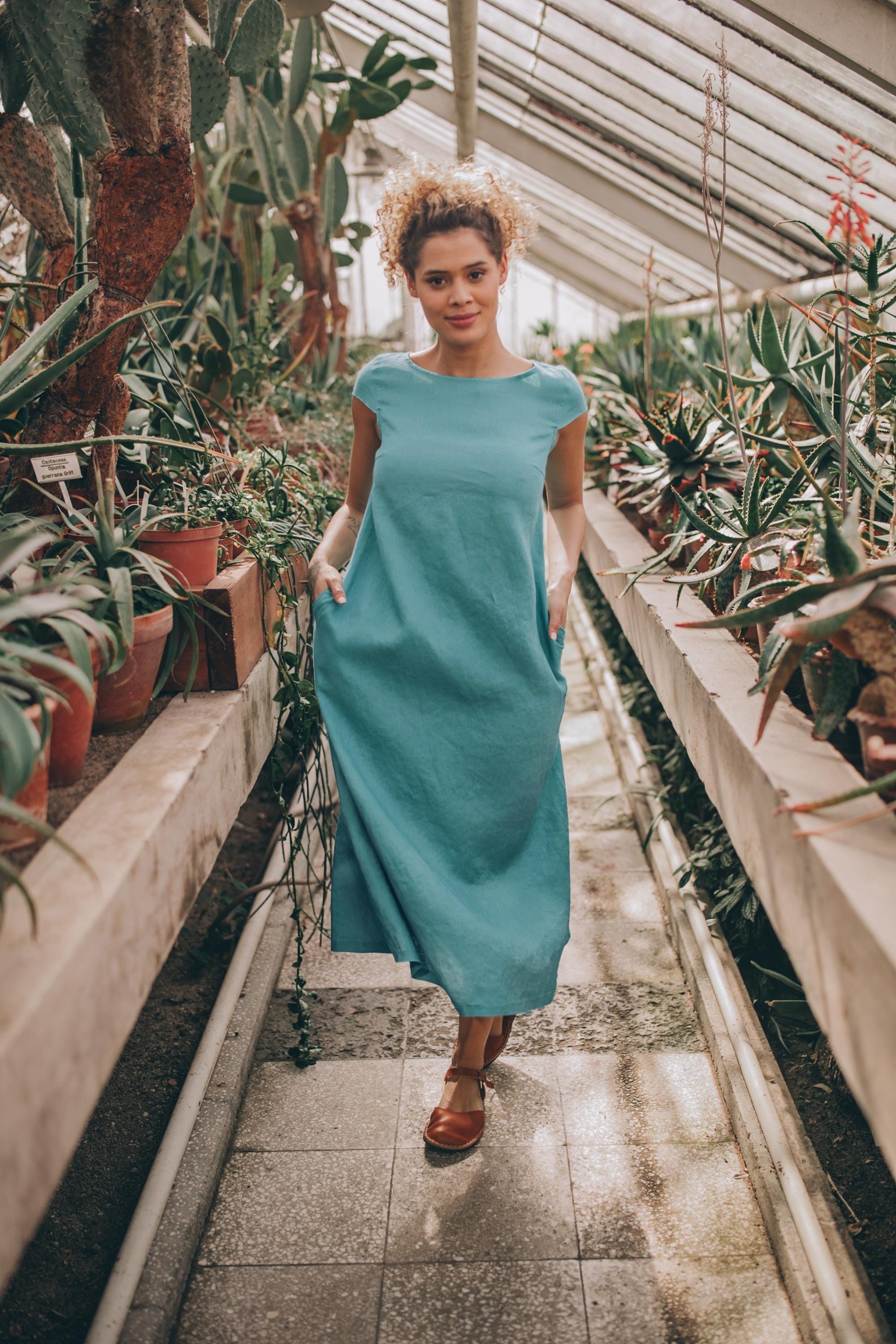 green linen summer dress Green Linen Midi Dress Vintage Belted Summer Shirt Dress Green / XS