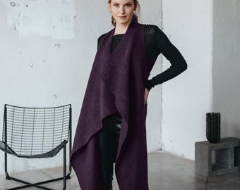 Ready to Ship Asymmetric Wool Vest: Long Wrap Sleeveless Jacket, Fall Winter Clothing