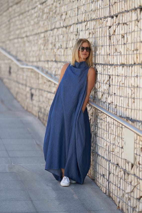 Tencel Denim Maxi Dress, Sleeveless Kaftan, Plus Size Boho Tencel Denim Maxi Dress, Sleeveless Kaftan, Plus Size Boho