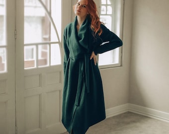 Fall Winter Wool Cardigan Coat: Draped Waterfall Front - Belted Wrap Style