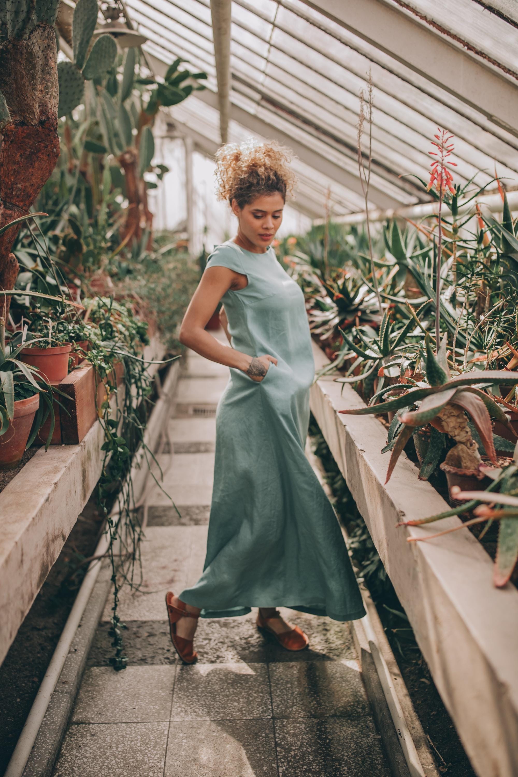 Dusty Turquoise Linen Maxi Dress: Cap Sleeve A-line - Etsy