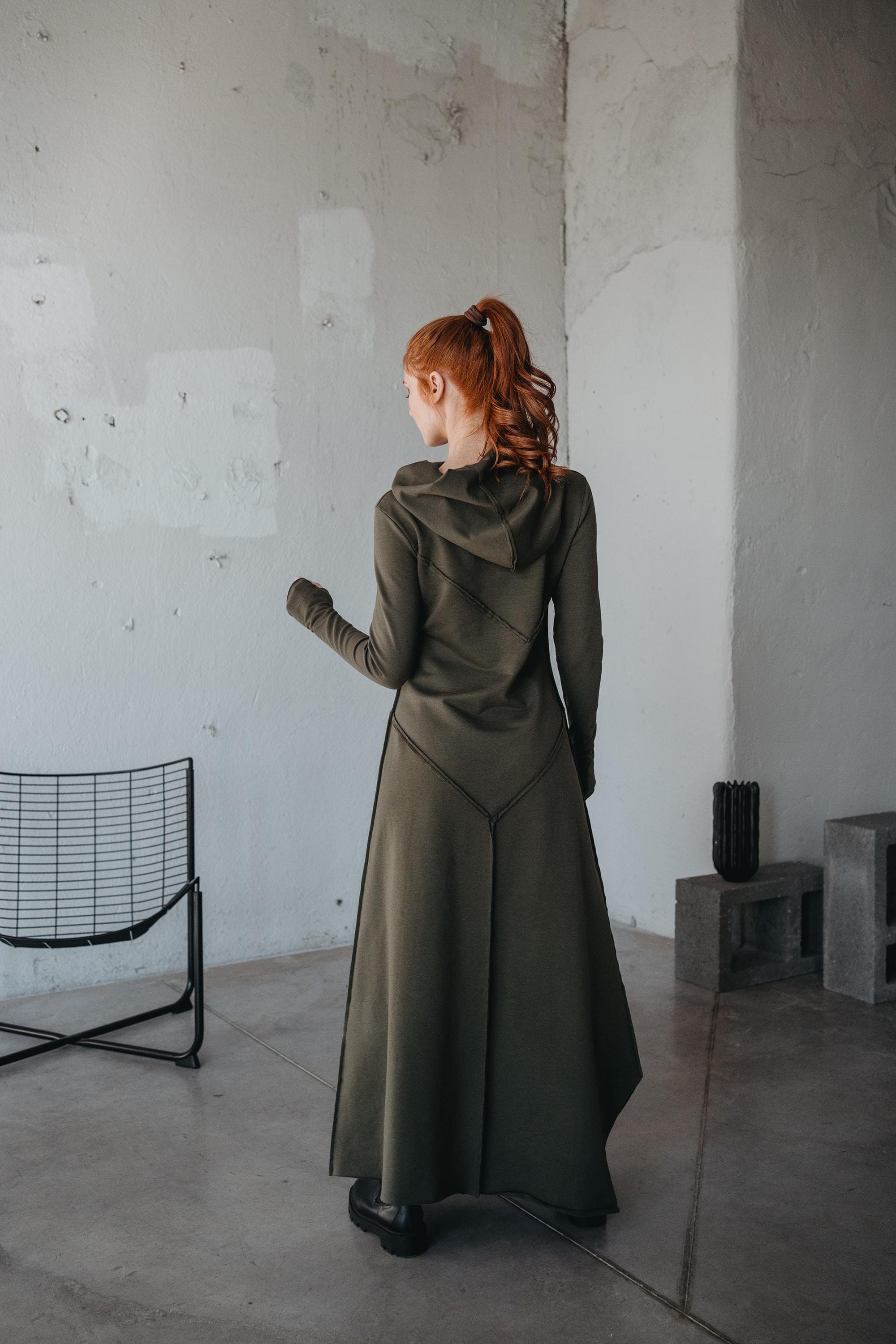 Hooded Winter Dress, Sleeves With Thumb-hole Cuffs, Asymmetric Hem
