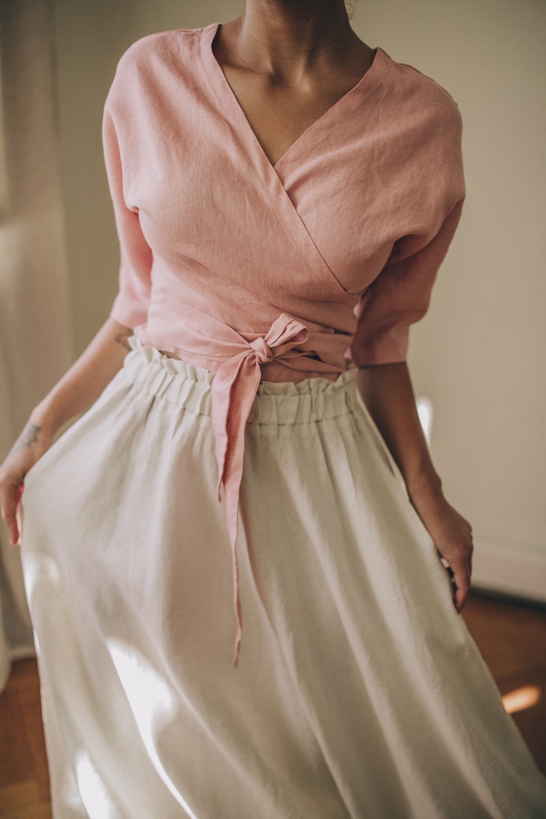 Dusty Turquoise Linen Skirt with Pockets, Summer Skirt for Women, Elastic Waist Simple Skirt, High Waist Skirt, Linen Clothing, Flare Skirt image 8
