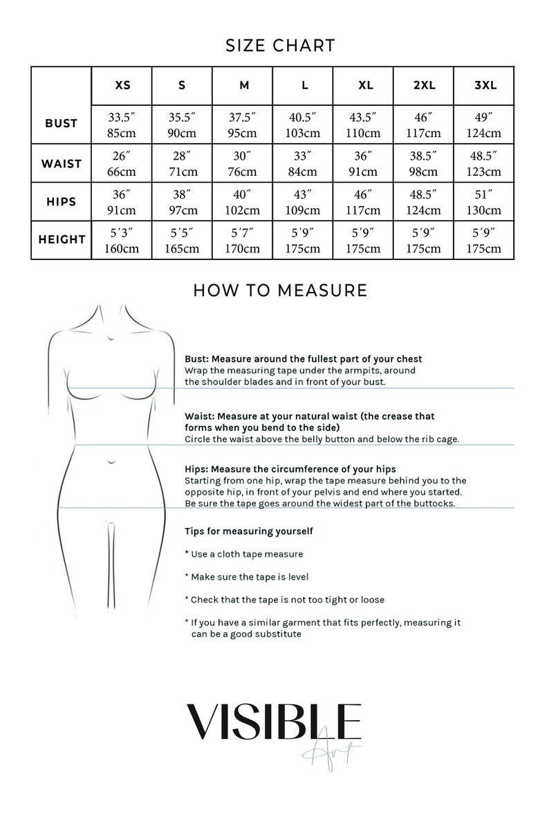 May include: Size chart for clothing with measurements in inches and centimetres. The chart includes bust, waist, hips, and height measurements for sizes XS, S, M, L, XL, 2XL, and 3XL. The chart also includes instructions on how to measure yourself for a proper fit.