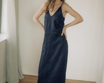 Leinen Slip Dress für Frauen, Camisole Kleid, verstellbare Träger
