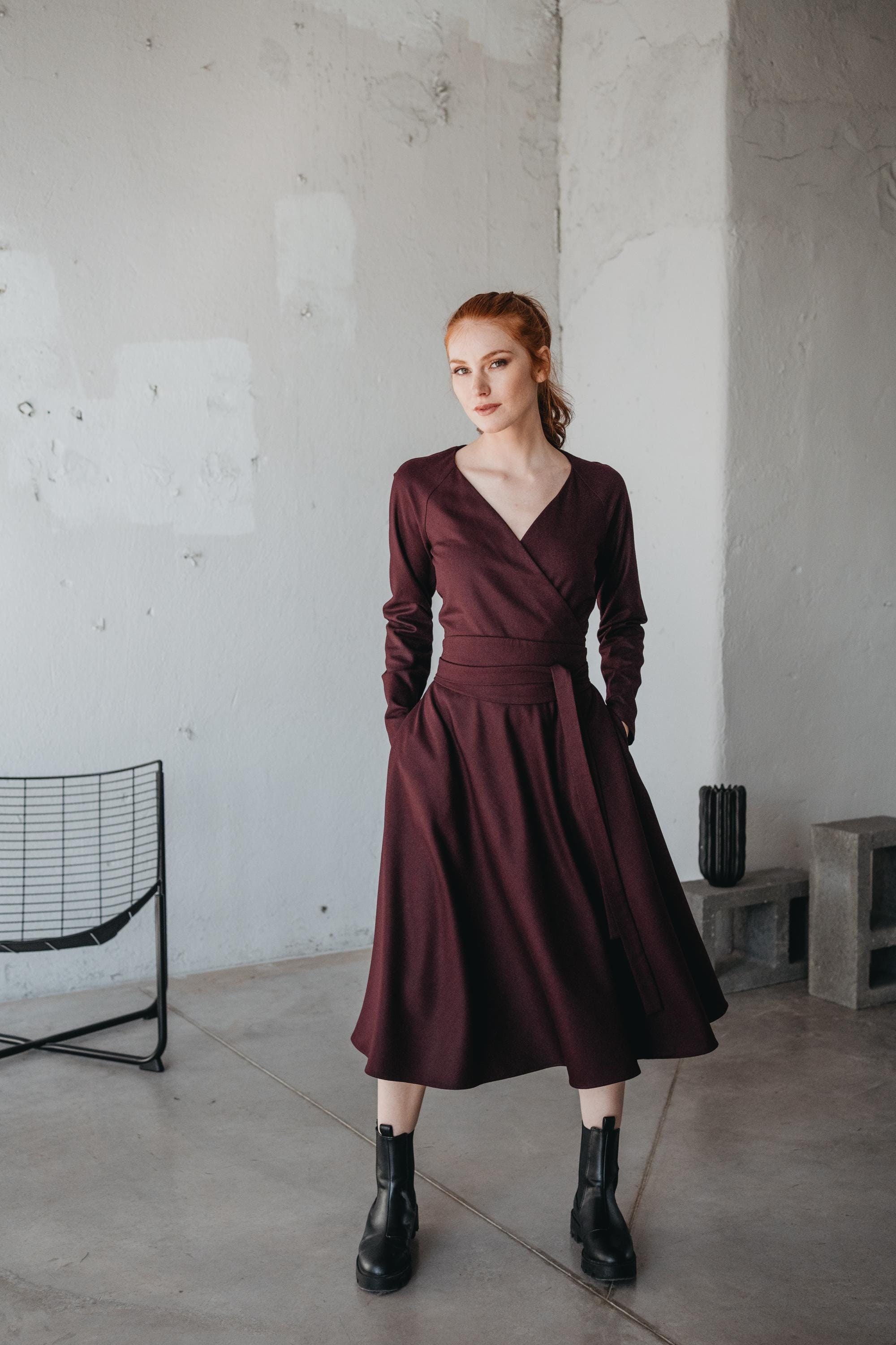 Burgundy Wool Midi Dress, Wrap Top, Flare Skirt, Pockets