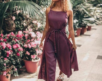 Handmade Double Wrap Linen Jumpsuit: Sleeveless Summer Overall, Linen Clothing