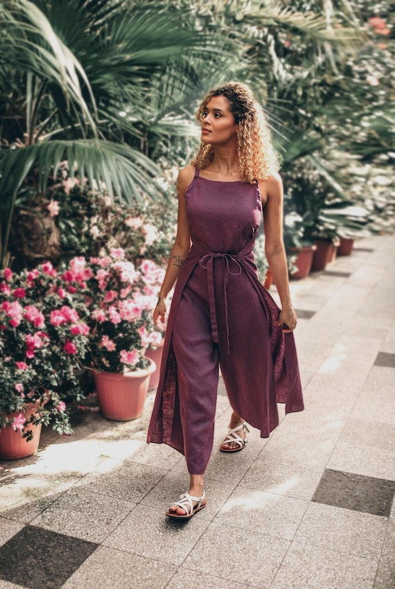 Handmade Double Wrap Linen Jumpsuit: Sleeveless Summer Overall, Linen Clothing